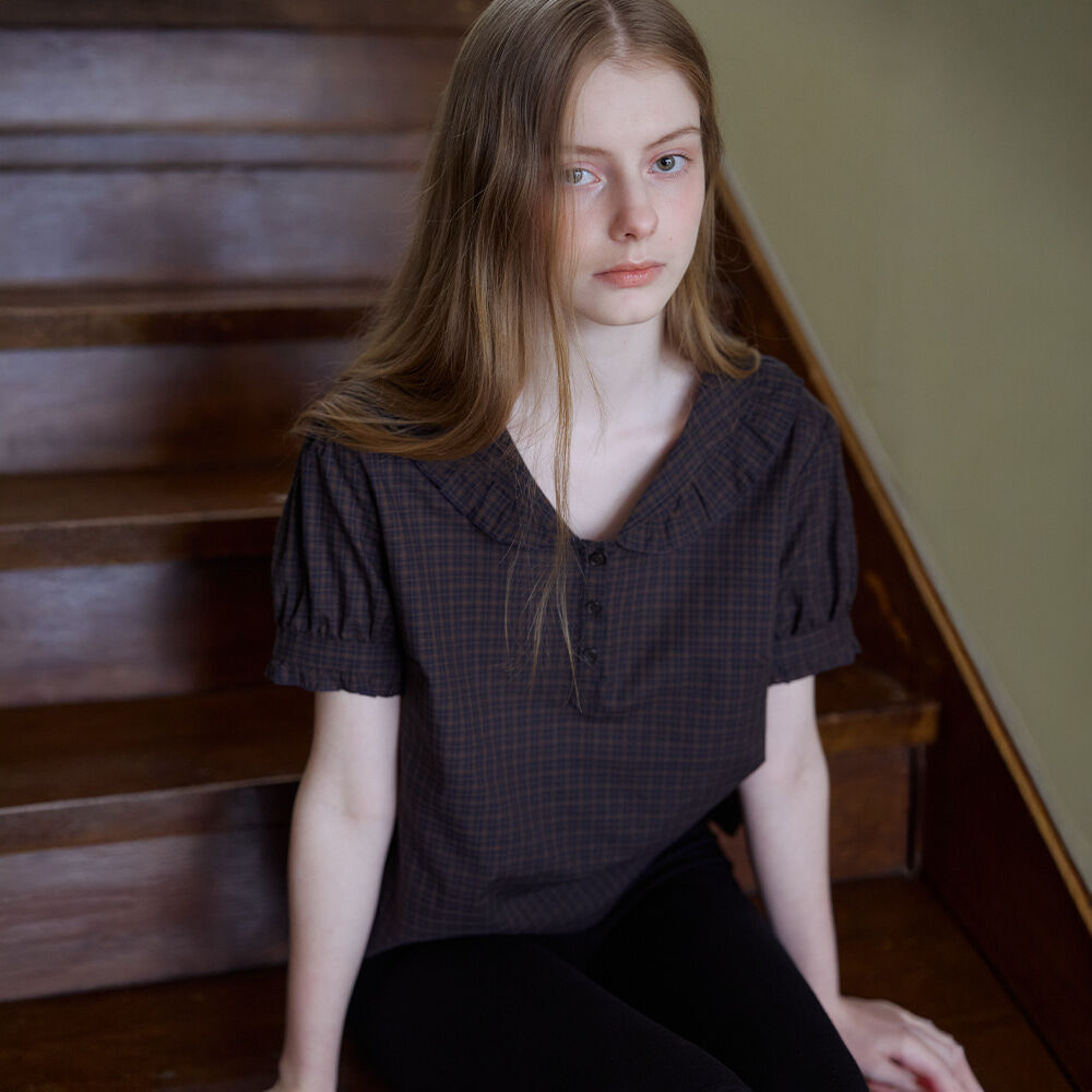 KNOWN BETTER Check puff sleeve blouse [KNSS06BL02]_Brown