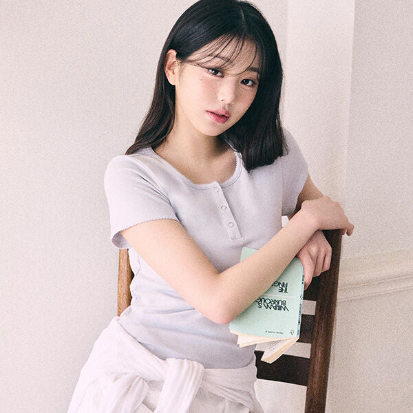 rolarola NUBASIC HENLEY NECK T-SHIRT LIGHT GRAY
