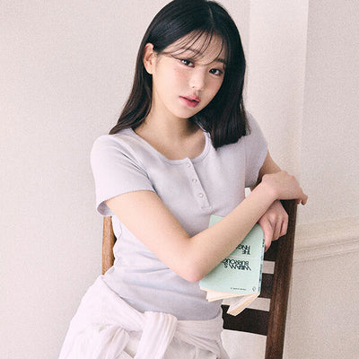 NUBASIC HENLEY NECK T-SHIRT LIGHT GRAY