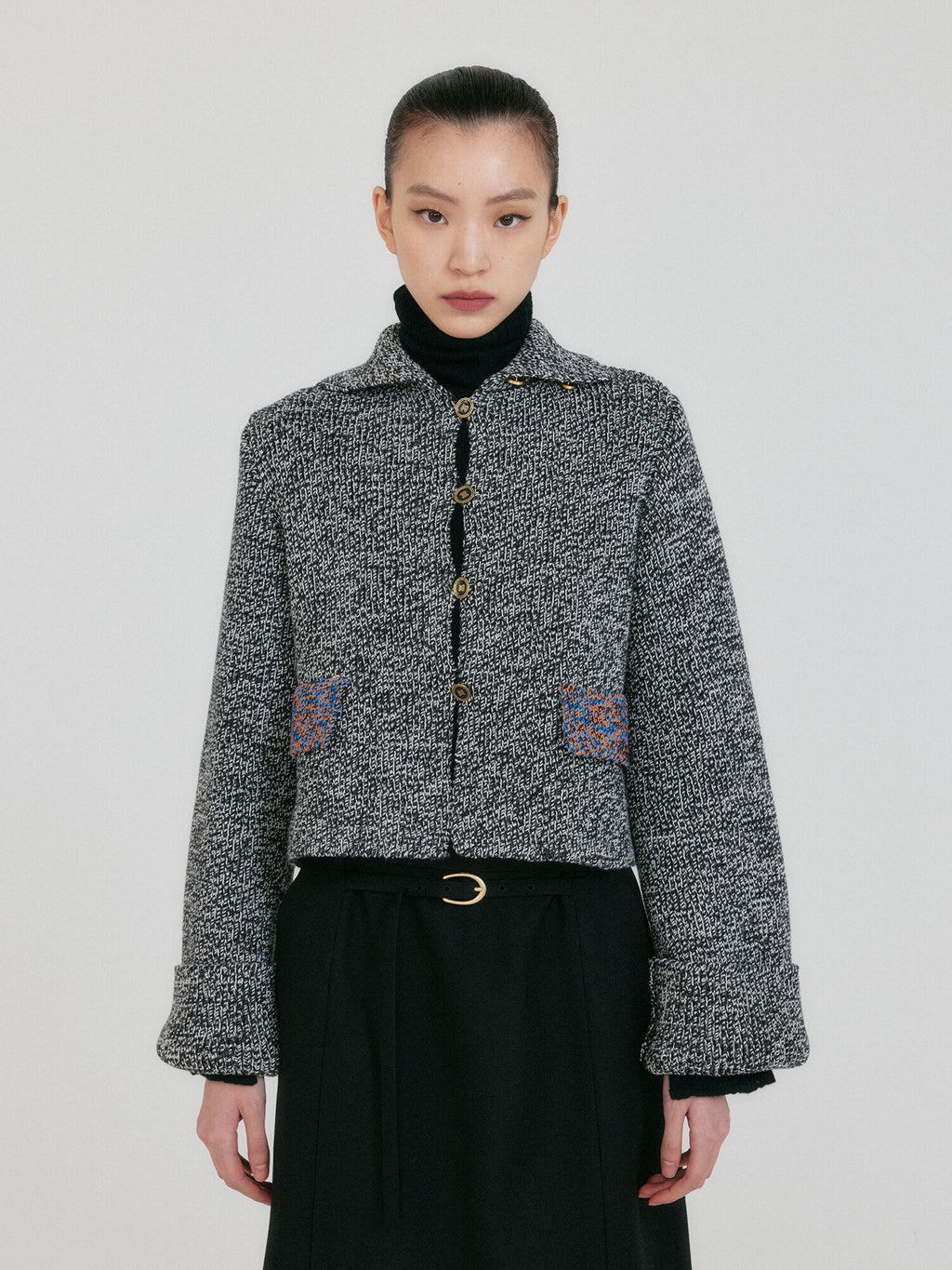 EENK ZAZZI Collared Knit Cardigan - Black/White