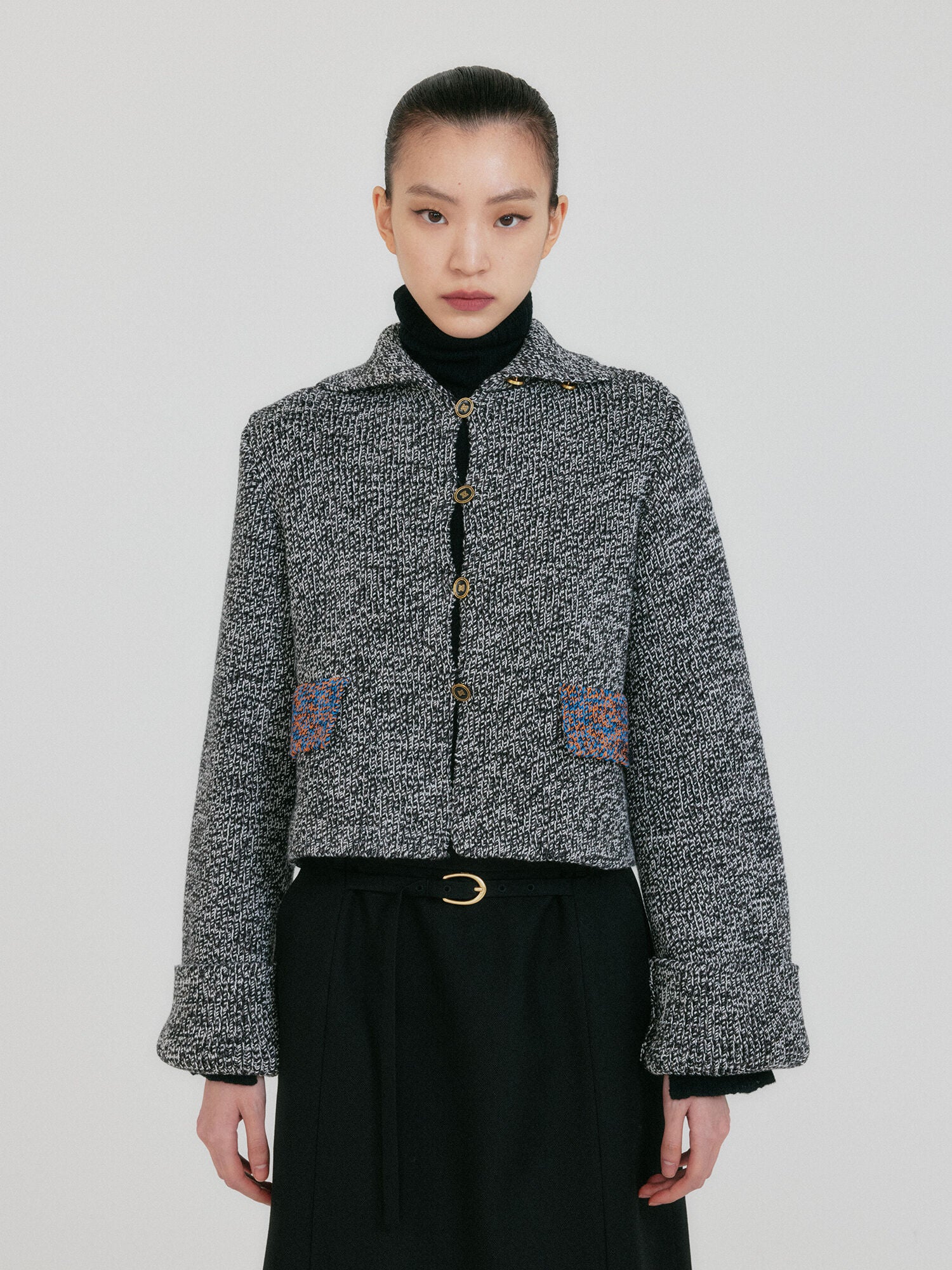 EENK ZAZZI Collared Knit Cardigan - Black/White