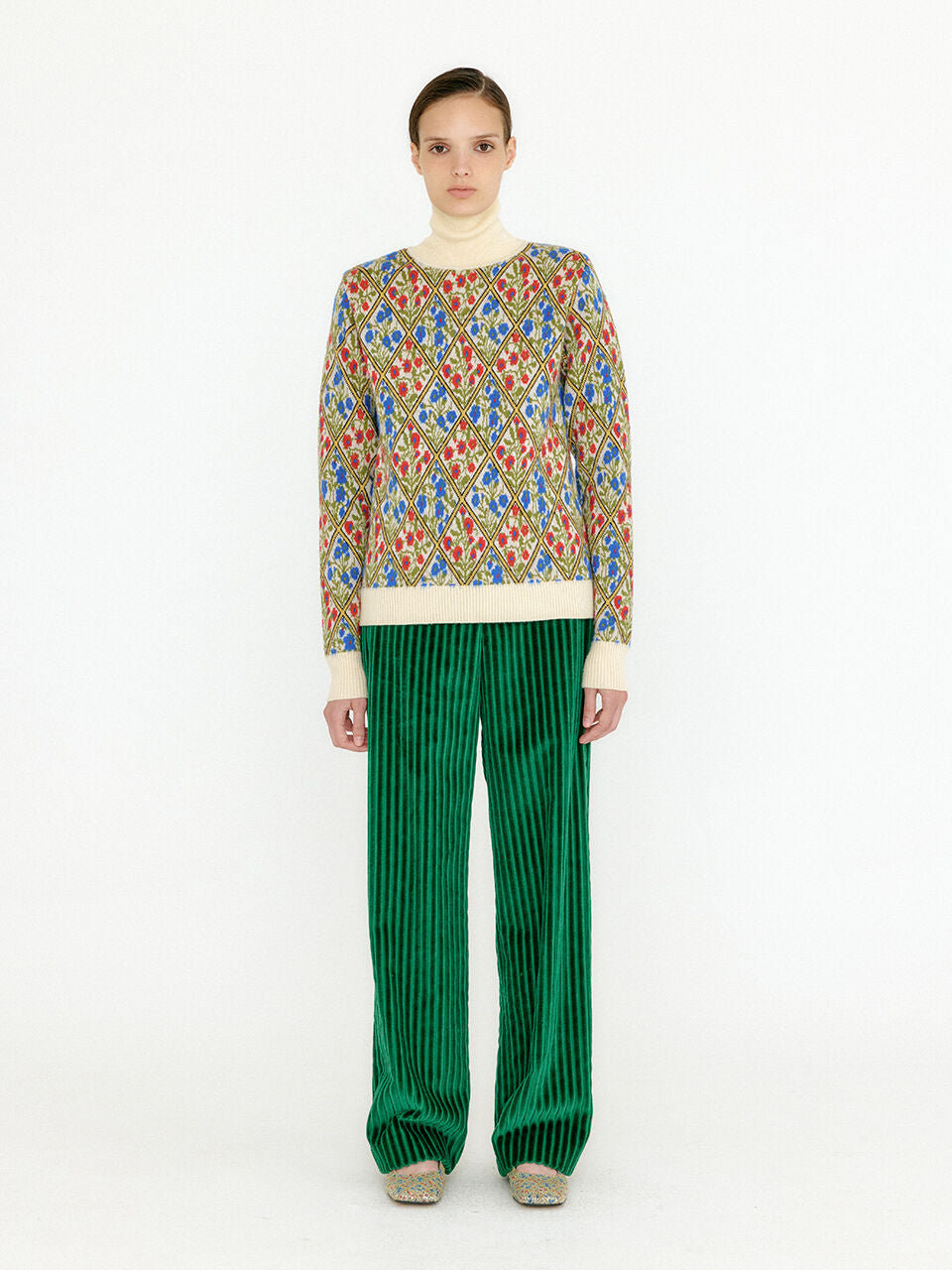 EENK EENK VINKY Floral Pattern Knit Turtleneck - Ivory/Blue/Red Multi
