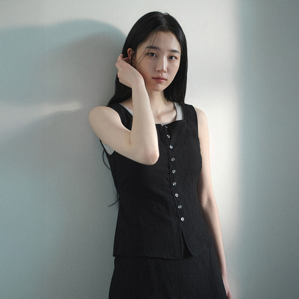 MIND BRIDGE WOMEN [W]Black Button Sleeveless Ribbed Blouse M1WS3234
