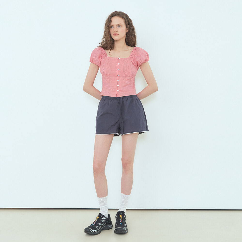 ETMON Check Shirring Blouse, Red