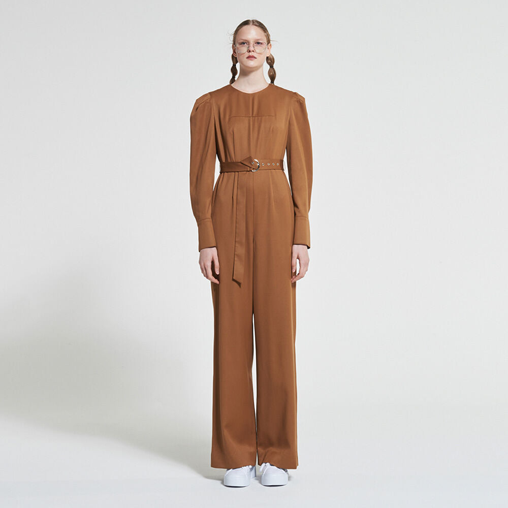 WOVEMENT Belted Wool Jumpsuit Brown WBAFJS001BR