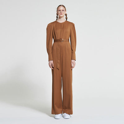 Belted Wool Jumpsuit Brown WBAFJS001BR