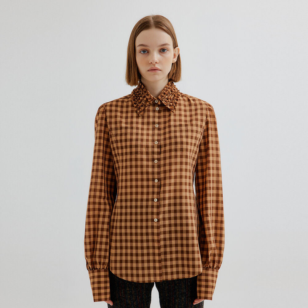 EENK TAPE Check Shirt with smocked collars - Brown Check