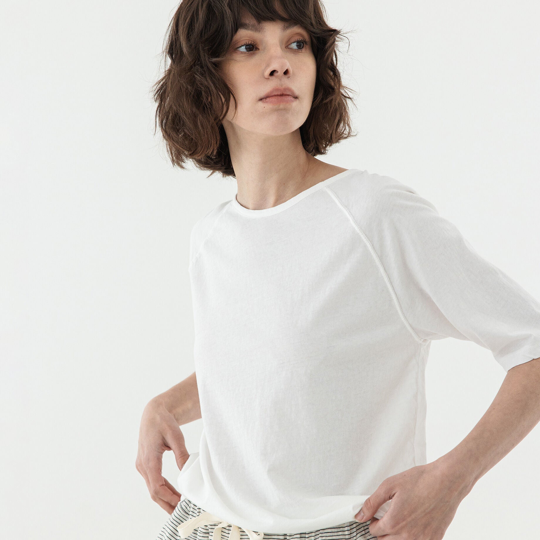 KOZNOK Maria Nagrang Layered Pure Cotton Summer Women's Short Sleeve T-Shirt Inner Tee Ivory