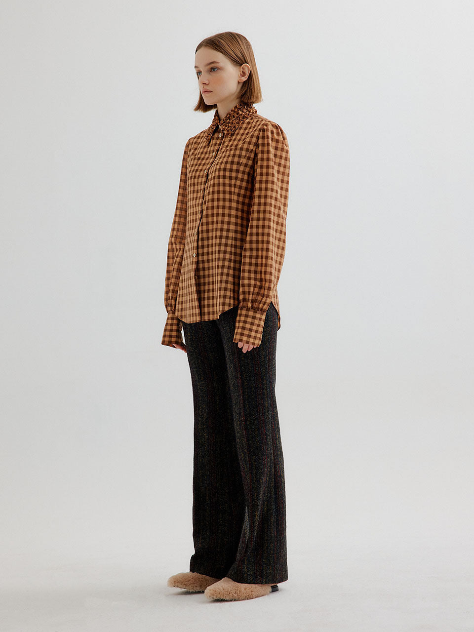EENK TAPE Check Shirt with smocked collars - Brown Check