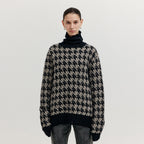 EENK EENK XEZAL Houndstooth Check Knit Turtleneck - Black/Ivory