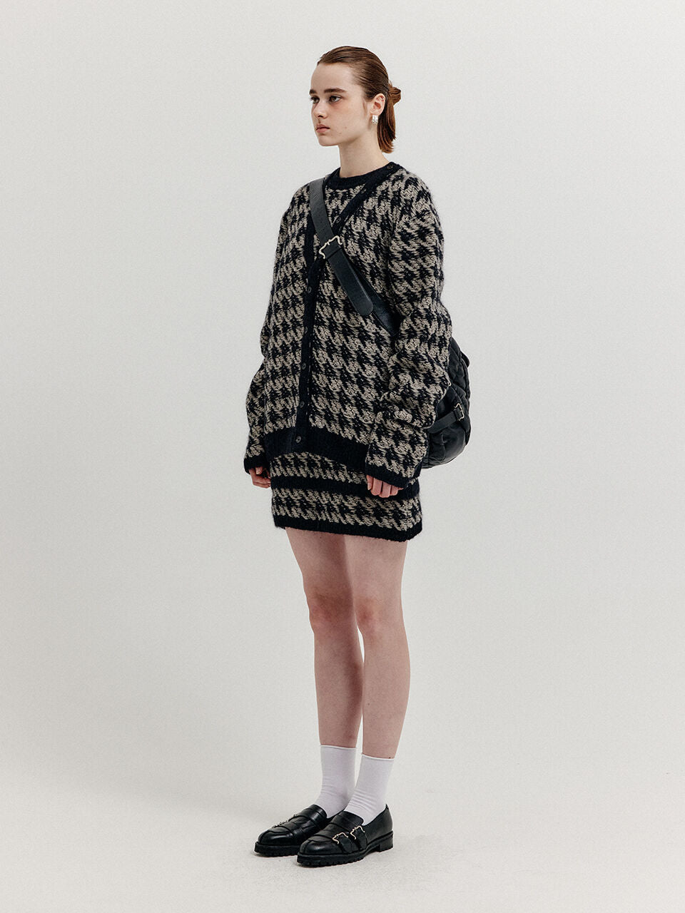 EENK EENK XOUI Houndstooth Check Knit Cardigan - Black/Ivory