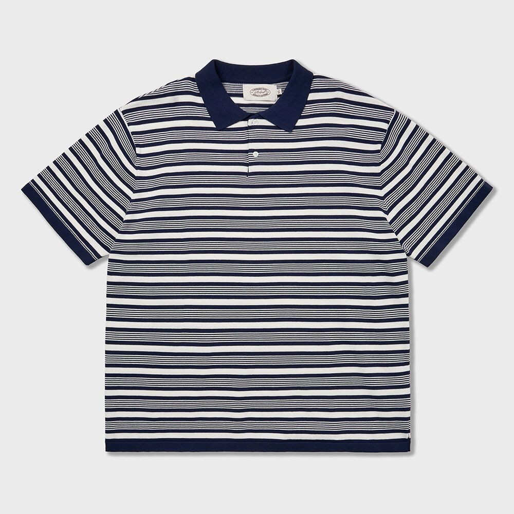 AMFEAST 70s Multi Stripe Cotton Knit Polo Shirts Navy