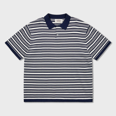 70s Multi Stripe Cotton Knit Polo Shirts Navy