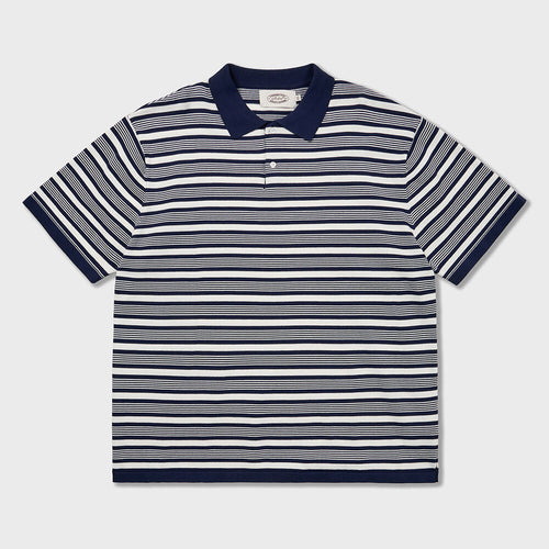 AMFEAST 70s Multi Stripe Cotton Knit Polo Shirts Navy