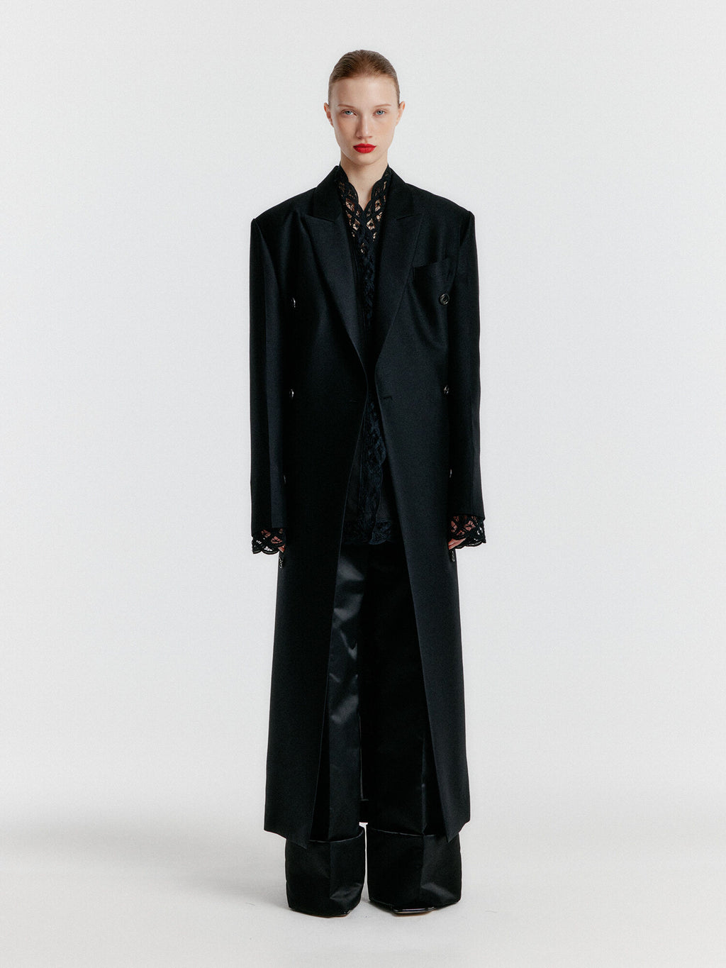 EENK YALE Peaked lapel Tailored Long Coat - Black