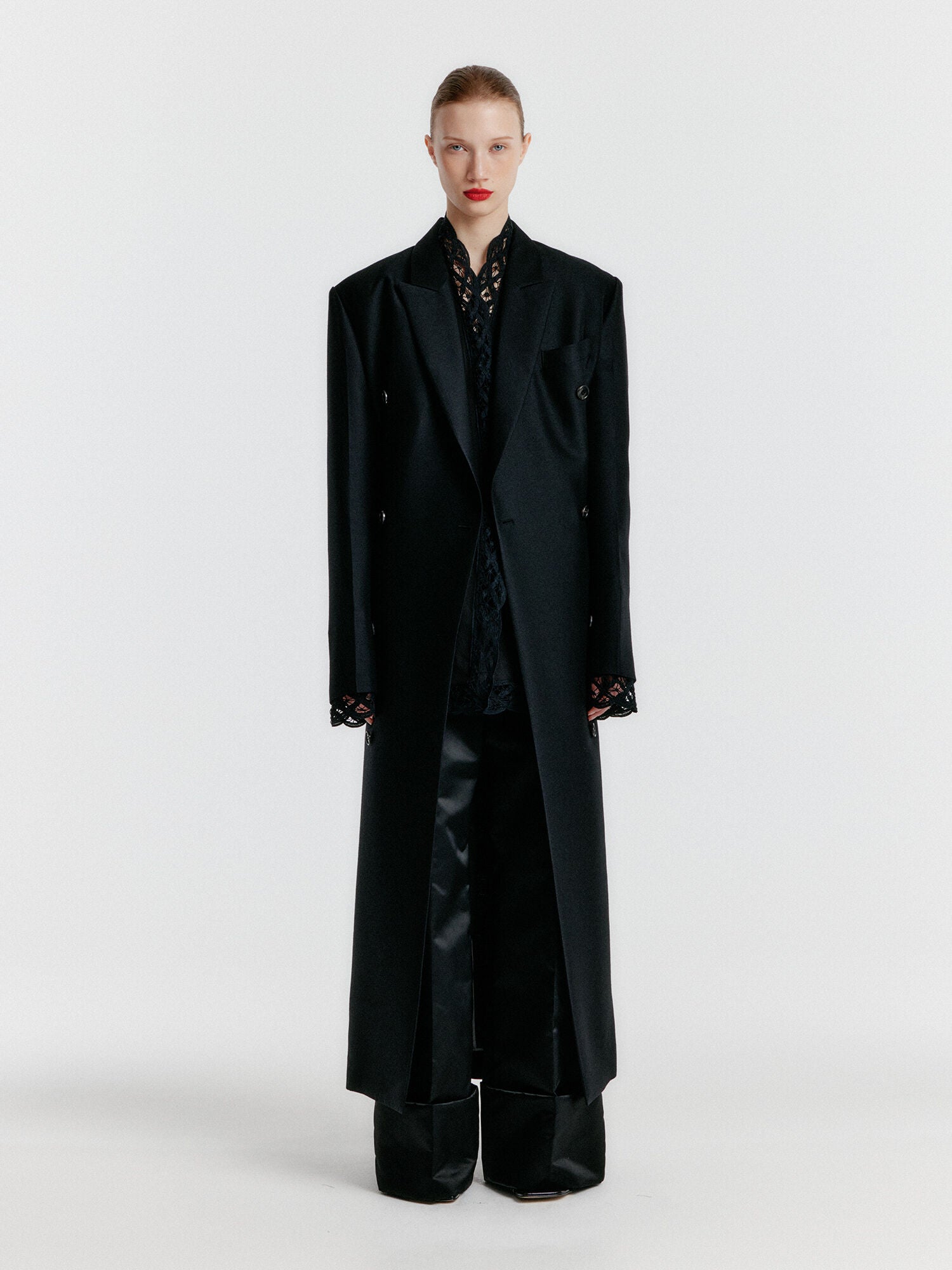 EENK YALE Peaked lapel Tailored Long Coat - Black