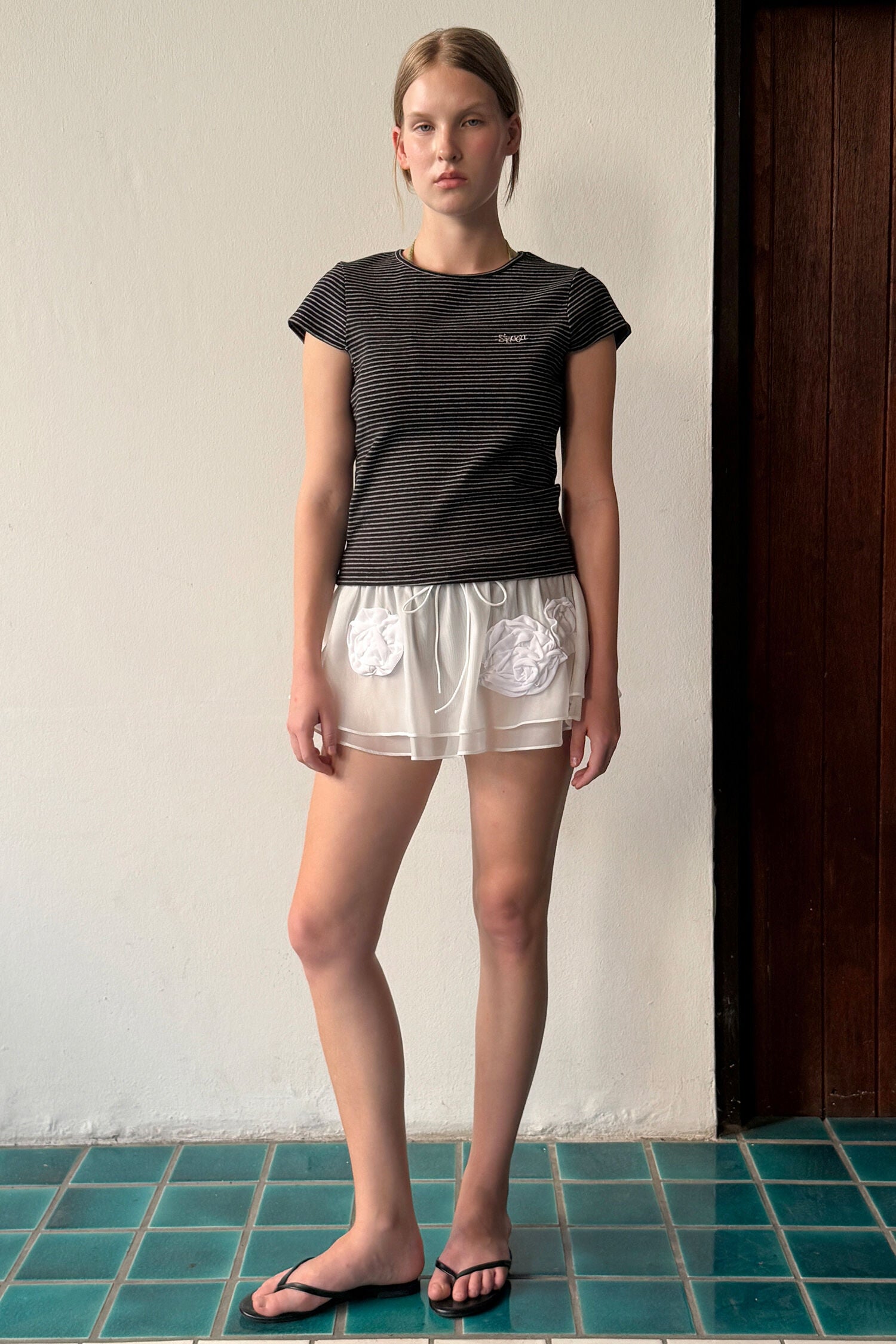 SINOON Stripe Cap Sleeve T-shirt (Black)