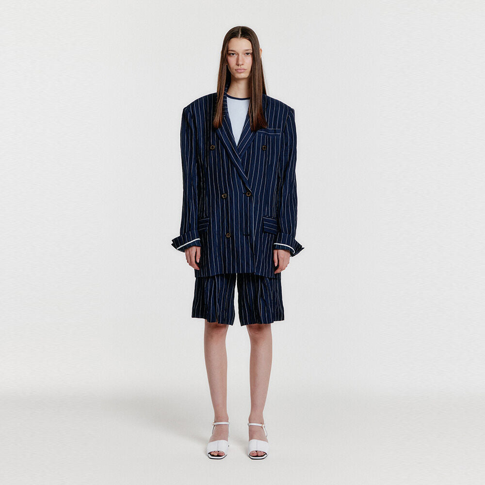 EENK YURROTA Suit Shorts with Front Slit - Navy Stripe