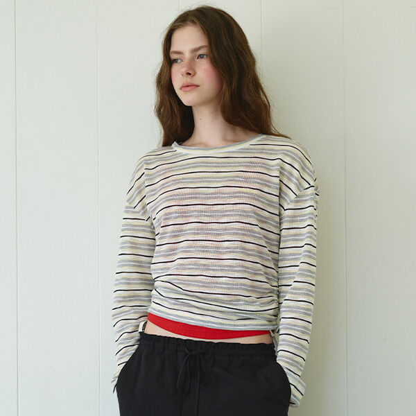 rolarola SHEER LONG SLEEVE STRIPE TOP GRAY