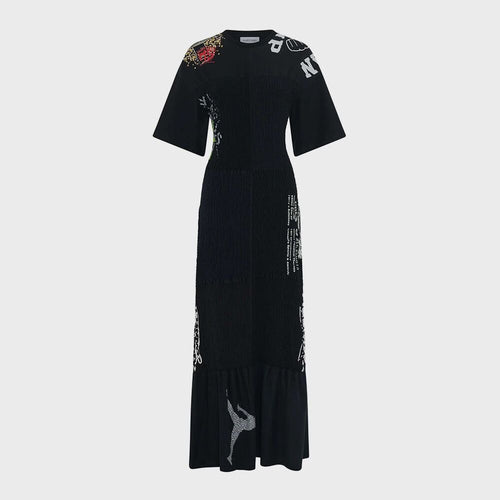 MARINE SERRE (W) Upcycled Shirring T-Shirt Long Fitted Dress Black UPCYCLED SHIRRED T-SHIRTS LONG FITTED DRESS