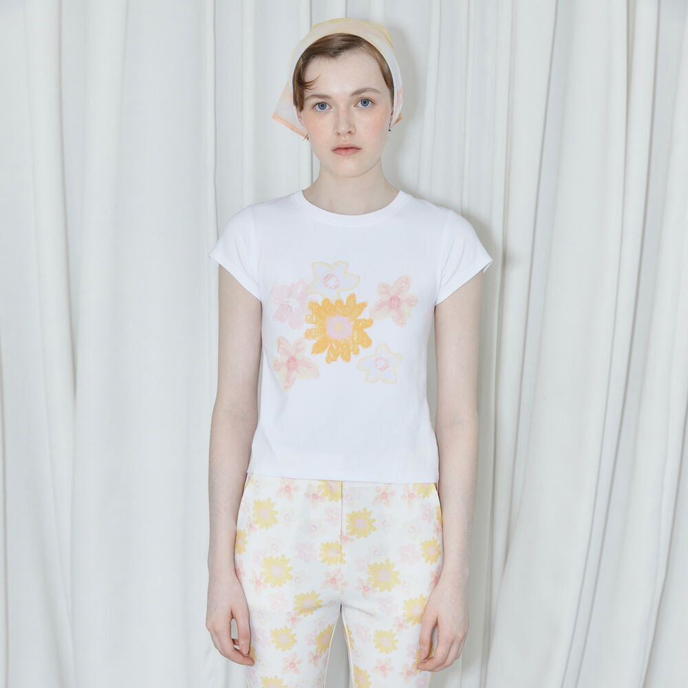 SINOON Flower Cap Sleeve T-Shirt (Yellow)