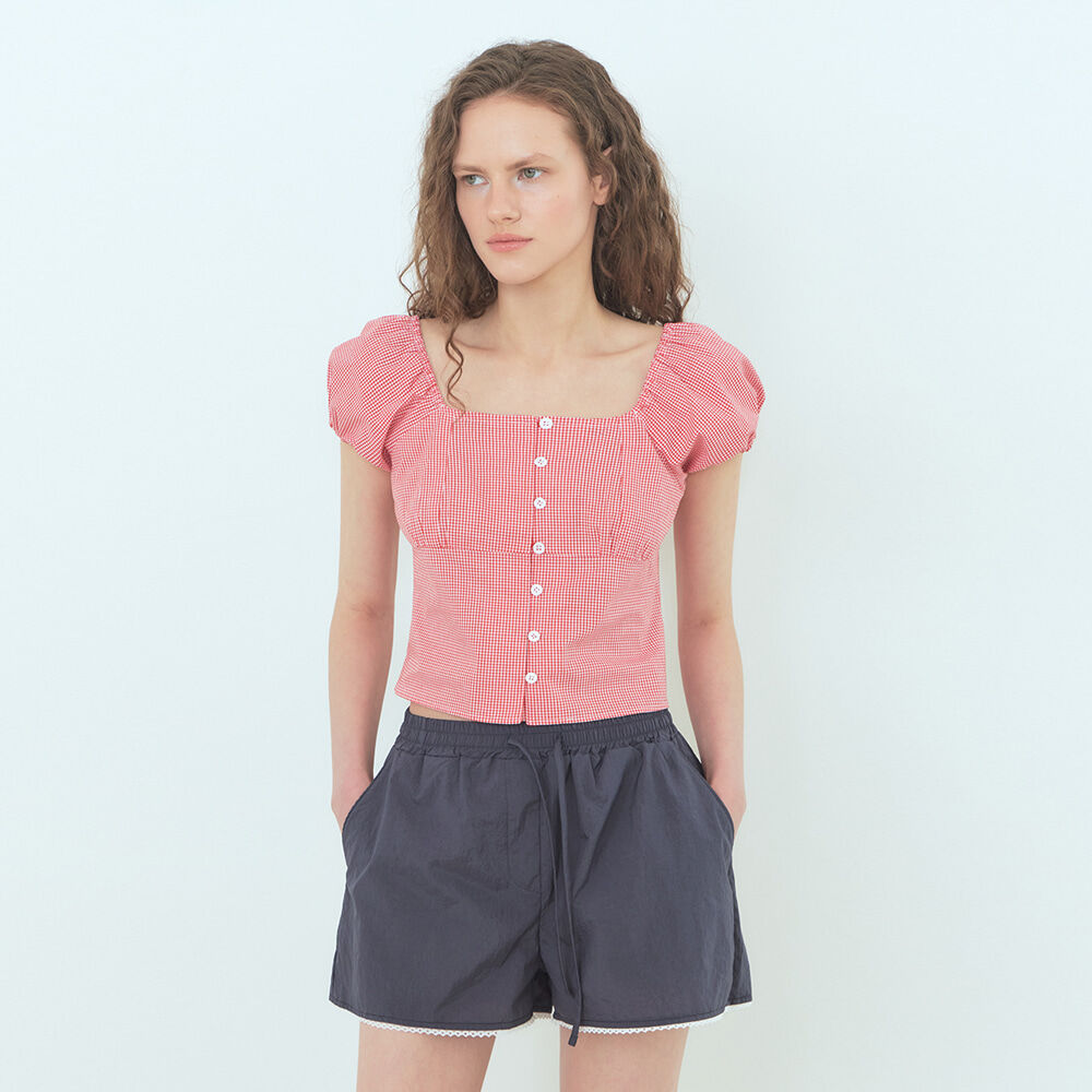 ETMON Check Shirring Blouse, Red