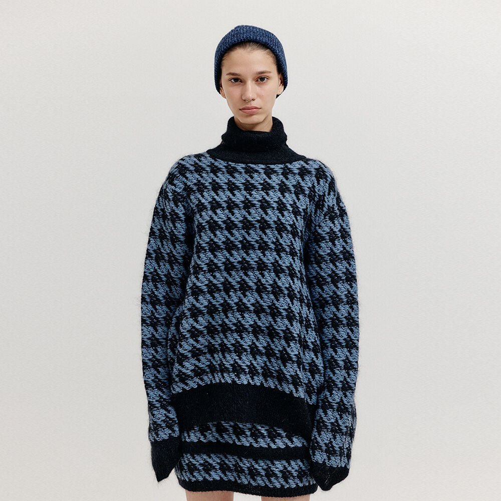 EENK EENK XEZAL Houndstooth Check Knit Turtleneck - Blue/Black
