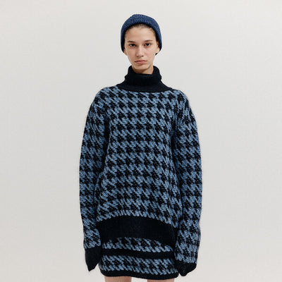 EENK XEZAL Houndstooth Check Knit Turtleneck - Blue/Black