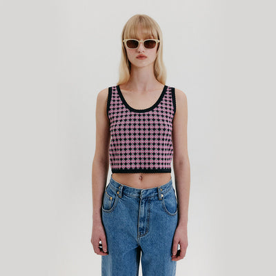 Check Knit Top - Navy/Pink