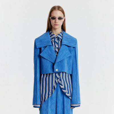 YEMO Big Collar Cropped Jacket - Blue