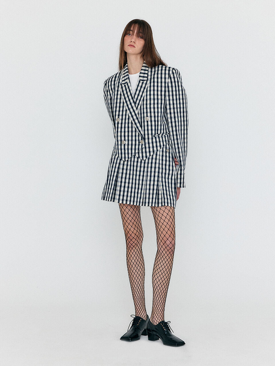 EENK EENK WENDEL Double-Belted Pleated Mini Skirt - Ivory/Navy Check