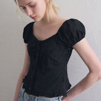 AMIS EYELET OFF SHOULDER PUFF BLOUSE 2COL_BLACK