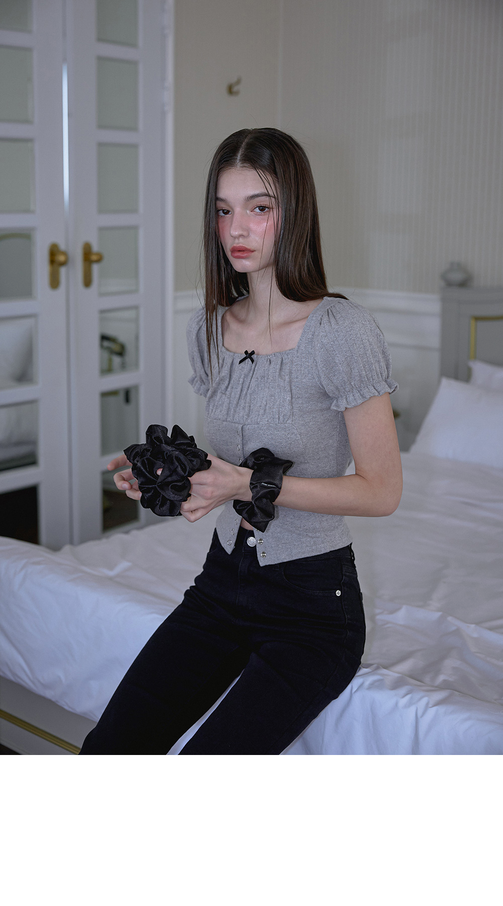RoséFrantz Puff Shirring Ribbon T-shirt [Gray]