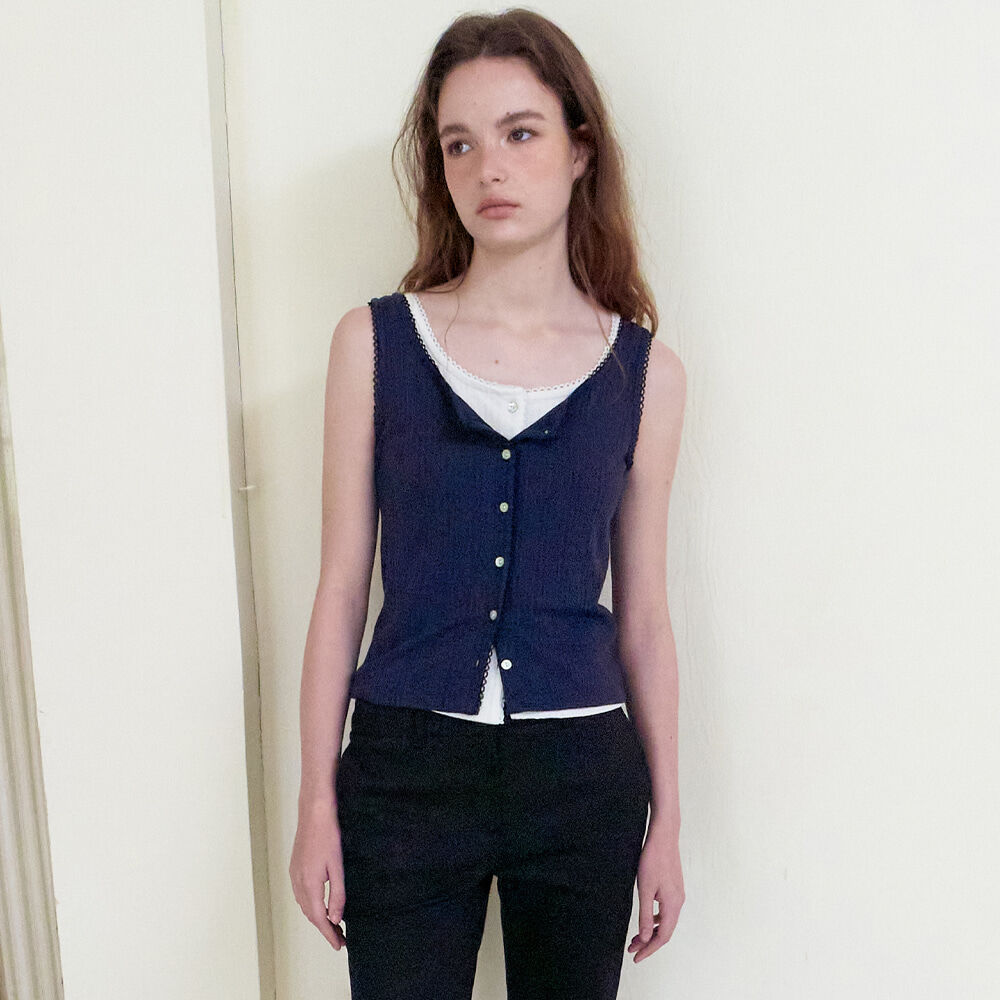 ETMON Lace-Trim Button Sleeveless, Navy