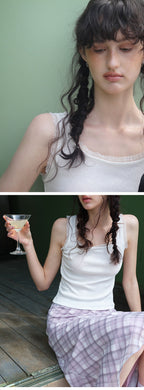 ETMON Lace Ribbed Sleeveless Top, White