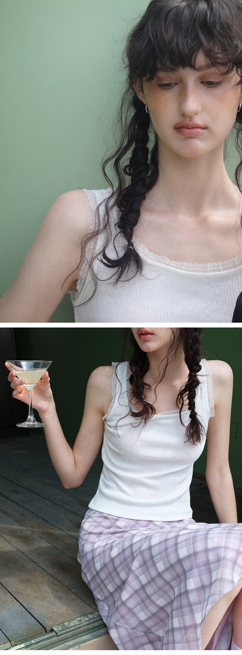 ETMON Lace Ribbed Sleeveless Top, White