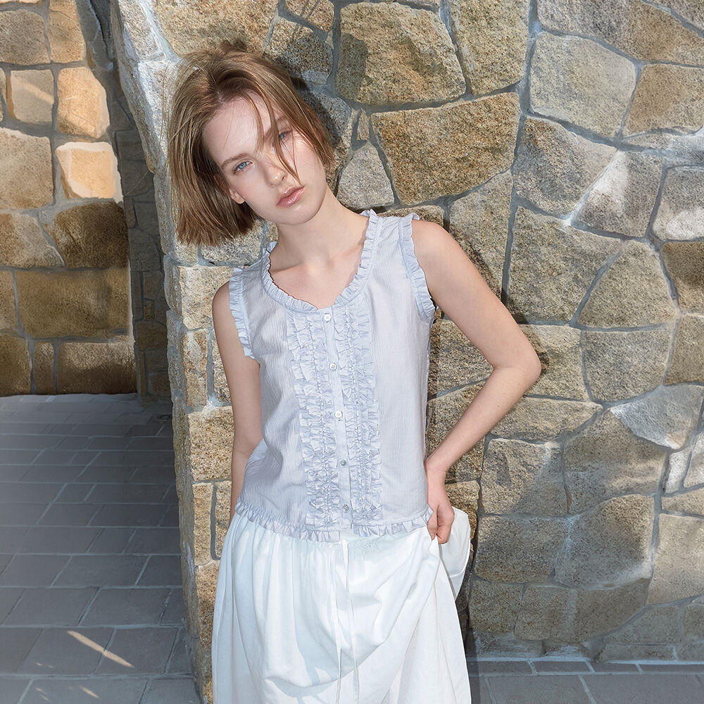 ETMON Double Frill Sleeveless Blouse, Blue Grey