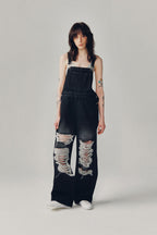 CURRENT VINTAGE DISTRESSED DENIM OVERALLS [BLACK]