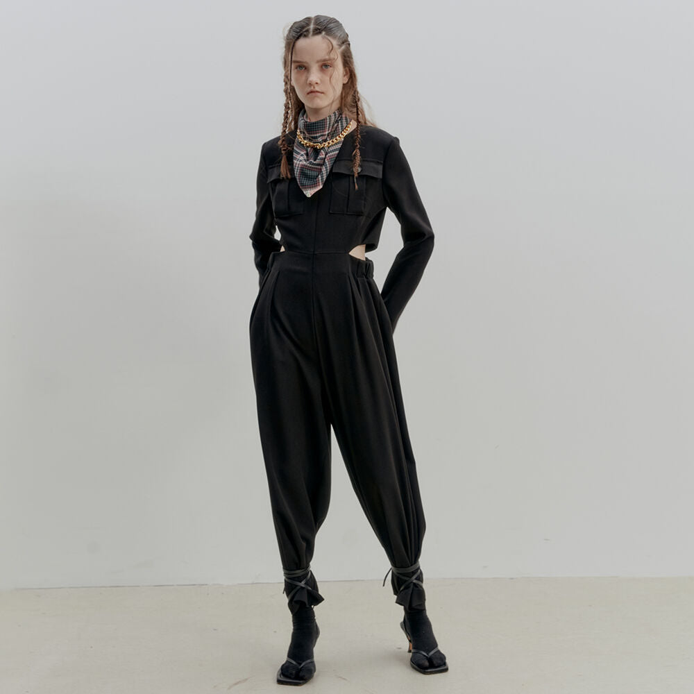 FAKEMAMA WAIST SLIT  SOLID JUMPSUIT_BLACK