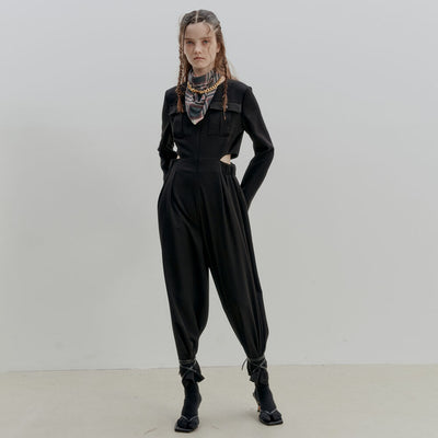 WAIST SLIT  SOLID JUMPSUIT_BLACK
