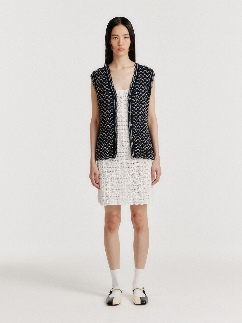 EENK EENK YUTA Lace Textured Knit Vest - Navy/Cream