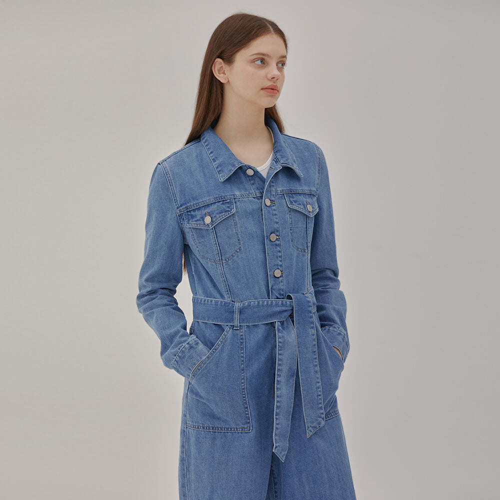 RYUL+WAI: DENIM BELT JUMPSUIT BLUE
