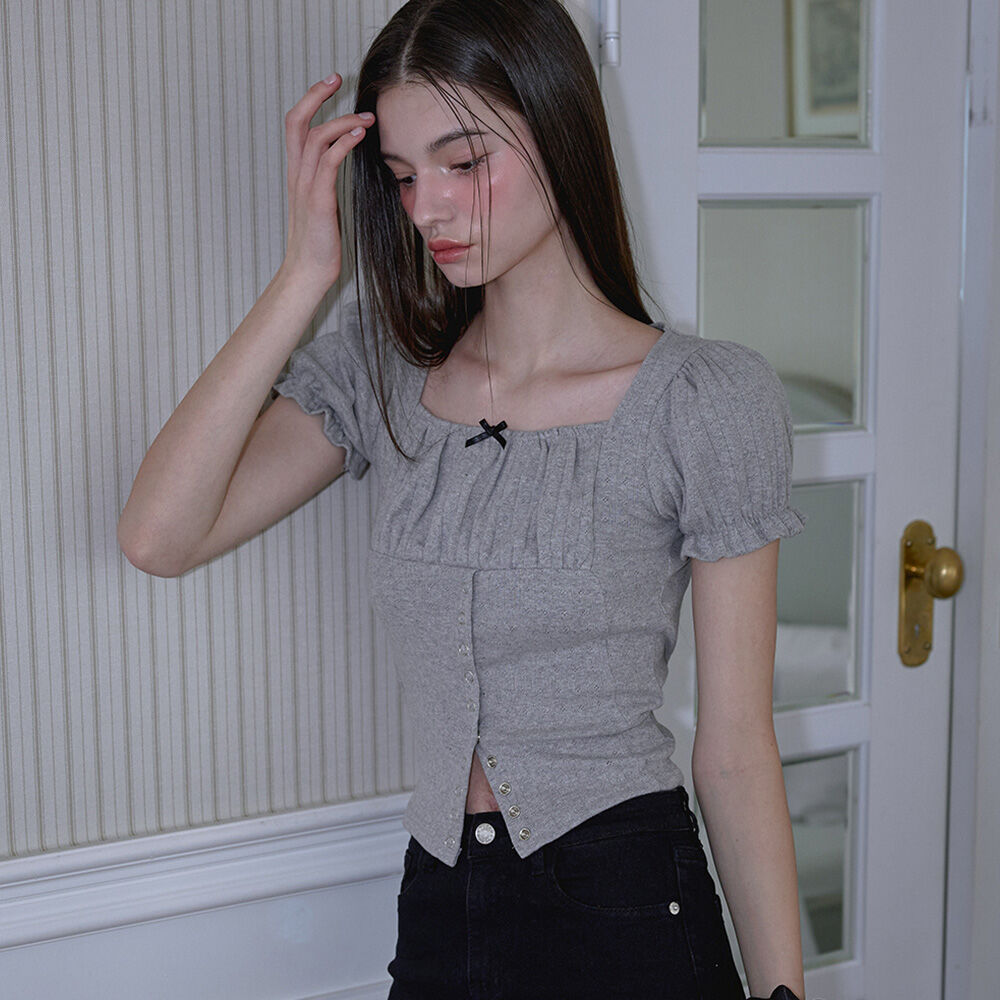 RoséFrantz Puff Shirring Ribbon T-shirt [Gray]