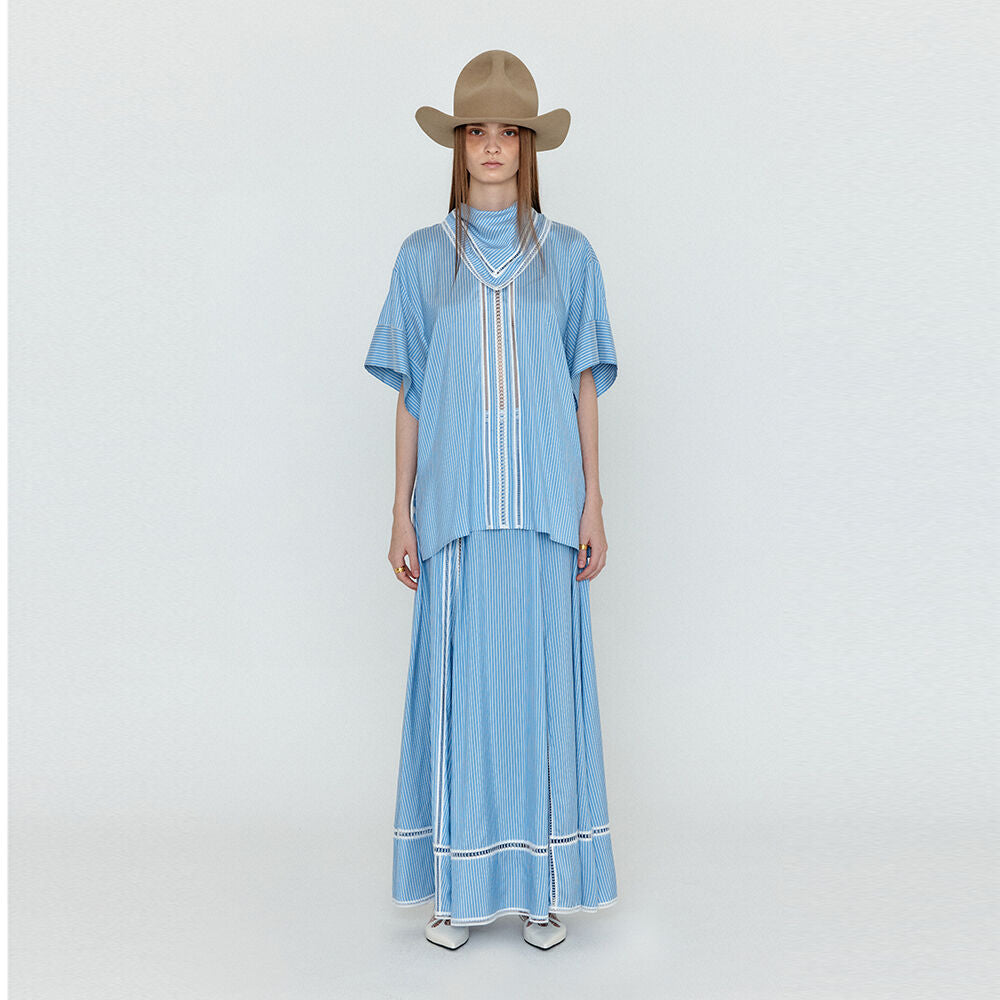 EENK EENK WICOLE Flared Maxi Skirt - Skyblue Stripe