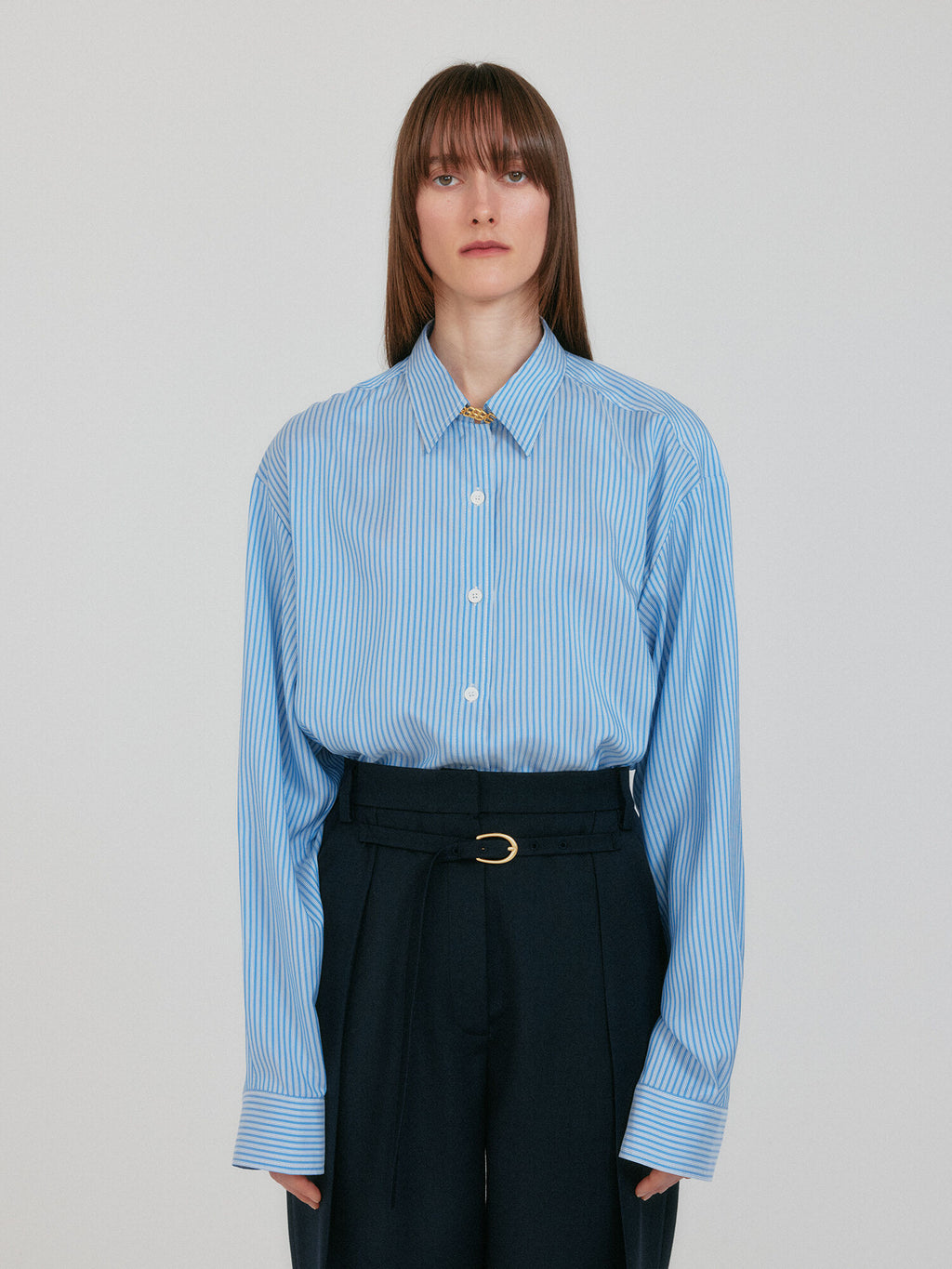 EENK ZANCY Oversized Shirt with Brooch - Sky Blue Stripe