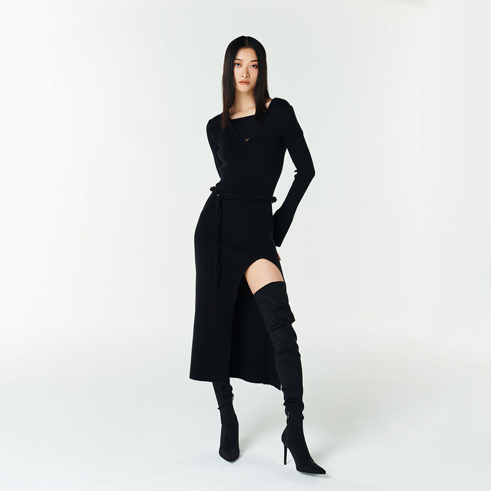 YCH RIBBED-KNIT DRESS BLACK (F23KD808BK)