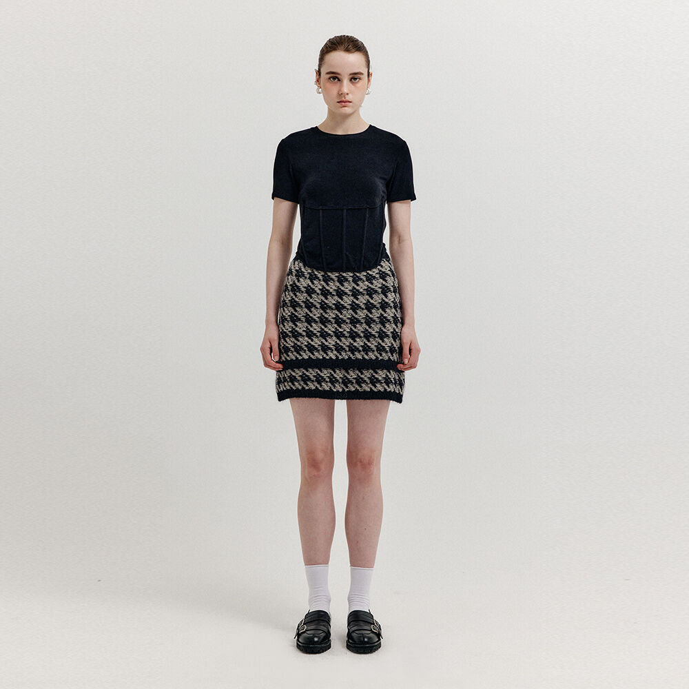 EENK XIAMOND Houndstooth Check Knit Skirt - Black/Ivory