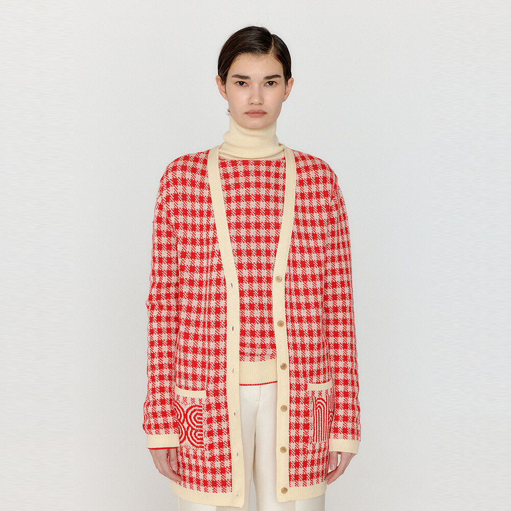 EENK EENK VINKLING Gingham Check Knit Midi Cardigan - Red/Ivory