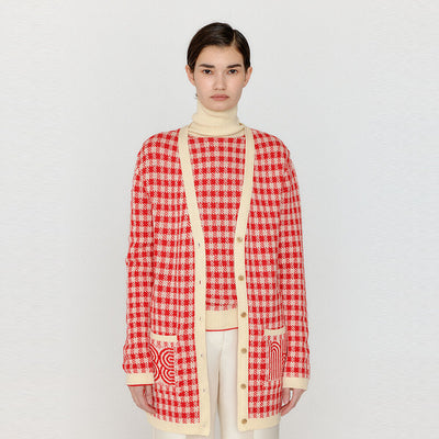 EENK VINKLING Gingham Check Knit Midi Cardigan - Red/Ivory