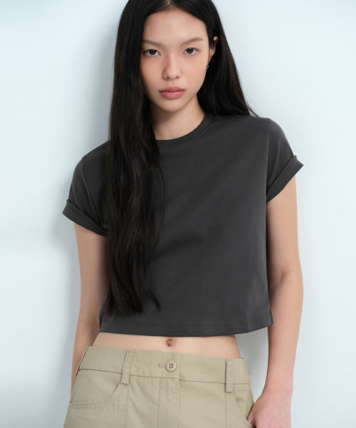 MUSINSA STANDARD WOMAN MUSINSA STANDARD WOMAN Crew Neck Crop T-Shirt (Dark Gray)